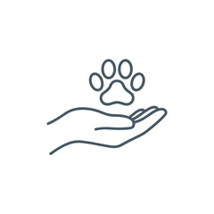 Obraz premium Simple Outline Icon of a Hand Holding a Paw Print Symbol on a White Background symbolizing Care and Support for Animals