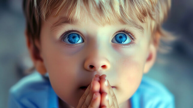 A touching close-up portrait of a little boy praying, with his hands clasped in a prayer gesture