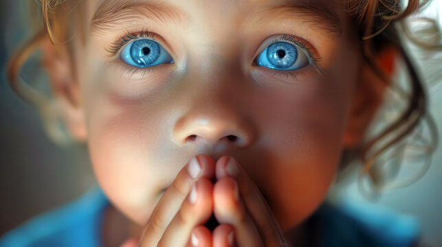 A touching close-up portrait of a little boy praying, with his hands clasped in a prayer gesture