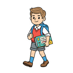 Smiling Boy With Backpack And Books Walking To School Wearing White Shirt Red Vest Gray Shorts And Blue Socks Carrying Educational Materials
