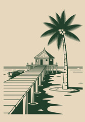 Tropical island scene with a hut on stilts, a long pier, a boat, and a tall palm tree in a graphic, two-tone style.