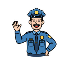 Smiling Cartoon Police Officer Waving Hand Flat Design Style Illustration On White Background