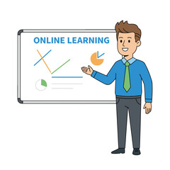 Smiling Male Student Presenting Online Learning Information With Charts On Whiteboard Flat Design Clean Style On Black Background Vector Illustration