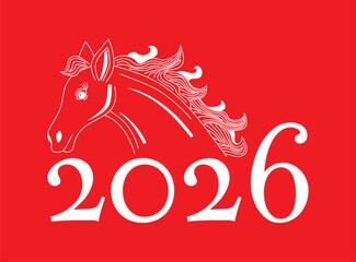 2026 Chinese New Year picture. Horse shape combined with 2026 on red background. Linear white horse.