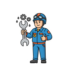 Smiling Mechanic in Blue Coveralls Holding Large Wrench Giving Thumbs Up with Gears Background Clean Flat Vector Style