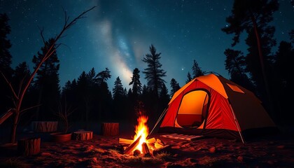 Cozy campsite scene with tent, campfire, and starry night sky, camping,  nature