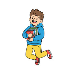 Smiling Young Boy in Blue Hoodie and Yellow Pants Holding a Stack of Books with Red Covers While Jumping Joyfully Against a Clean White Background in Flat Vector Style
