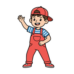 Smiling young boy in red overalls and blue striped shirt wearing a red cap giving a thumbs up and waving hello isolated on a clean white background flat vector design