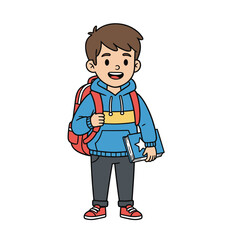 Smiling young boy with brown hair wearing a blue hoodie and red backpack holding a book with a star graphic standing against a black background