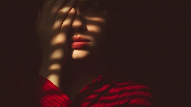 Portrait subject hides face partially with hand while dramatic sunlight creates striped shadows