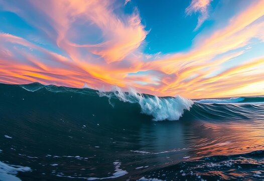 Epic left point break barrels under a vibrant Peruvian sky,  ocean view,  Peru