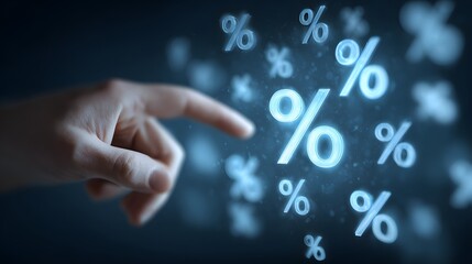 Human finger points toward glowing digital percentage symbols floating in dark space
