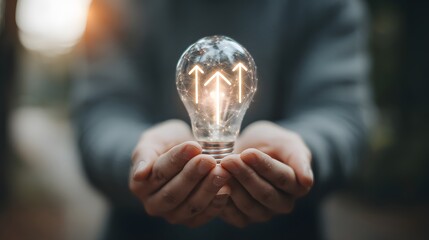 Person holding glowing light bulb with upward arrows symbolizing innovation and growth