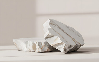 Abstract stone sculptures with soft lighting and shadows