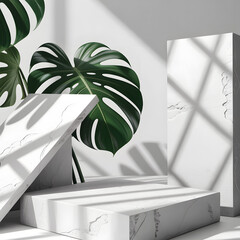 Minimalist product display with tropical leaves and geometric shadows