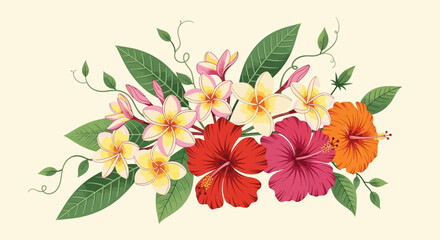 Exotic floral display of plumeria and hibiscus for a tropical ambiance