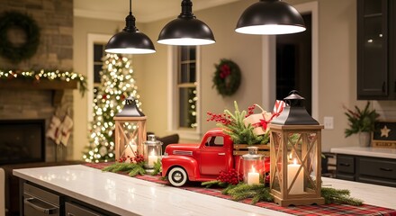 Festive kitchen island adorned with christmas decorations and holiday cheer
