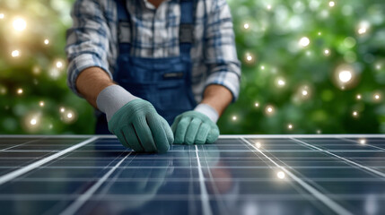 Solar panel technician installing photovoltaic module with gloved hands in outdoor garden setting, focused cinematic close up