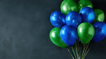 Cluster of blue and green balloons against textured dark background