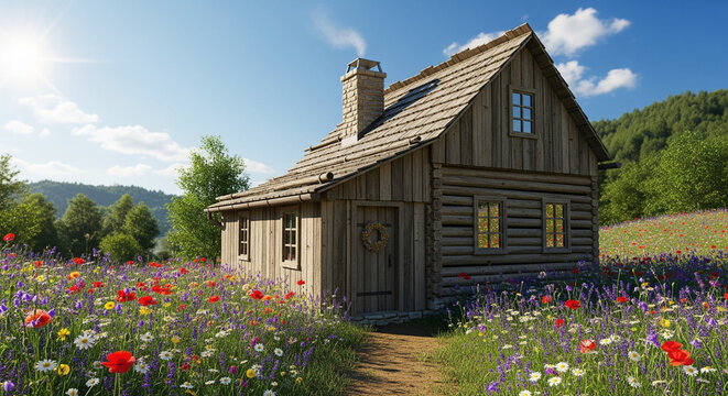 Charming Log Cabin Nestled in a Sunny Wildflower Meadow
An idyllic and picturesque scene featuring a rustic wooden log cabin with a stone chimney