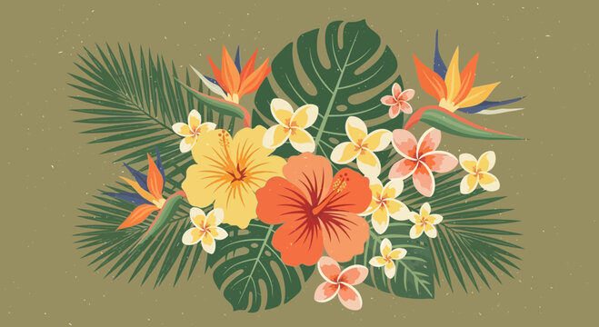 Vibrant tropical floral arrangement featuring hibiscus and paradise flowers