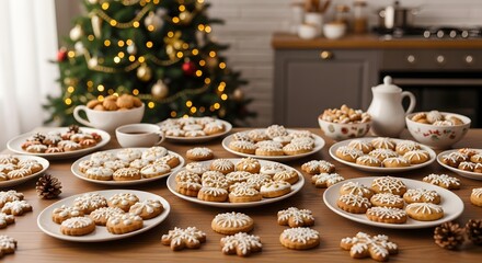 Festive christmas cookies and decorations on a table with tree background