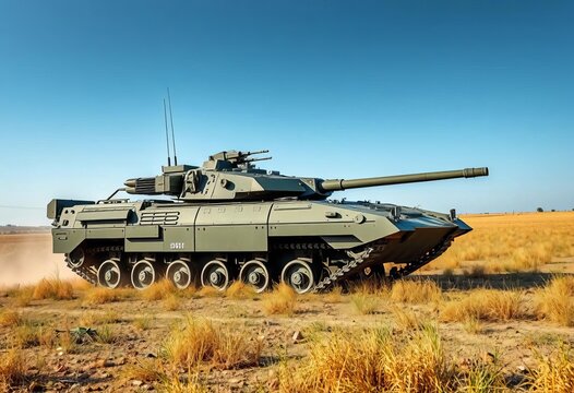 Modern armored infantry fighting vehicle on a field, strategic, weapon