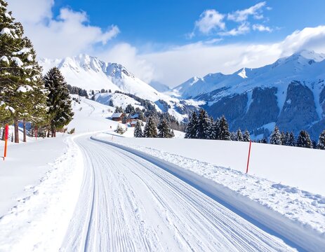 Snowy trail through alpine landscape