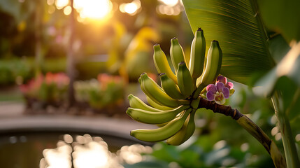 Green bananas still on the tree with pink flowers blooming. The banana tree is located outdoors in a tropical garden setting. Golden sunlight is seen filtering through the leaves.