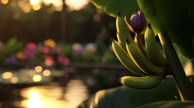 Green bananas and a purple flower sit in front of a beautiful garden with a pond and sunset reflecting off of the water. This makes for a beautiful serene location. - Powered by Adobe
