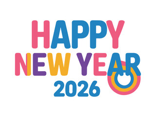 Happy new year 2026 text with colorful letters and a rainbow circle graphic for celebration and greeting