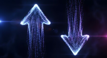 Abstract visualization showing glowing particle-based arrows pointing up and down, representing opposing market trends, growth vs. decline, and perfect for digital displays of financial data or sales