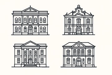 Historical building facades in line-art form.
