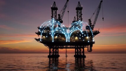 An offshore oil and gas platform at sunset with a glowing digital network representing data and technology - Powered by Adobe