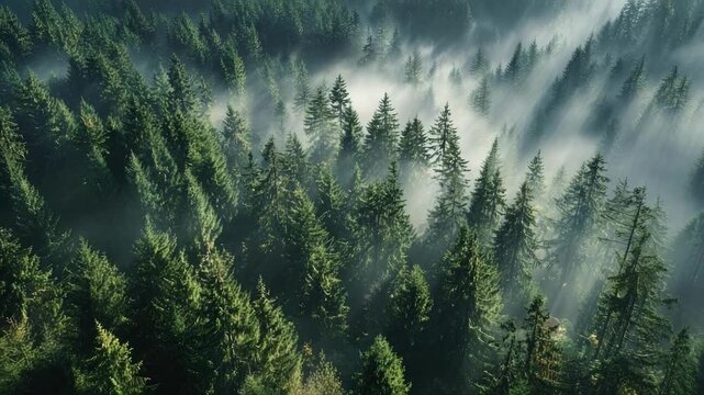 Aerial view of a dense conifer forest with morning fog weaving through treetops.