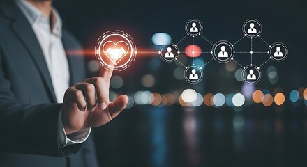 Businessman touching a heart icon representing customer care and connection