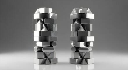 Abstract 3D rendering of two identical towers of polished silver geometric shapes (cubes, cylinders, pyramids) standing side-by-side, symbolizing a detailed sales comparison or business benchmark aga