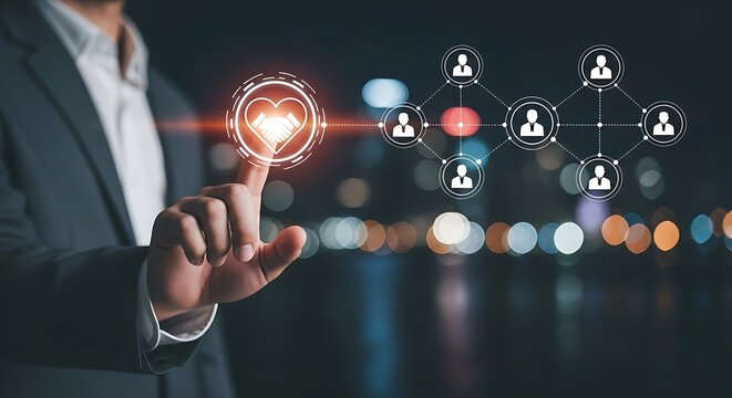 Businessman touching a heart icon representing customer care and connection