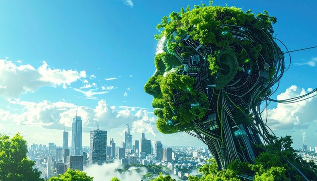 Eco Futuristic Human Head Merging Nature and Technology in a Modern City. - Powered by Adobe