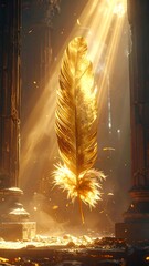 A golden feather illuminated by light beams in an ancient temple