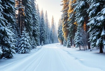 Obraz premium Tranquil snow-covered forest path winds through tall evergreen trees, bathed in soft winter light Pristine white landscape, serene natural beauty, pristine, serene