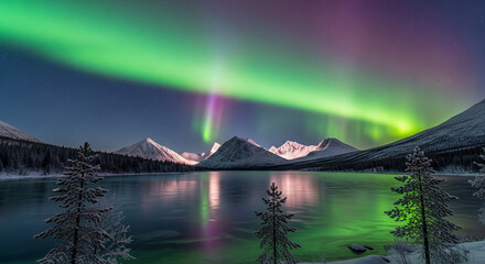 Spectacular Northern Lights Reflecting over a Serene Winter Lake
An awe-inspiring, wide-angle landscape photograph capturing the stunning natural phenomenon of the Aurora Borealis