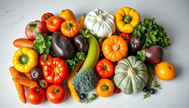 Vibrant, fresh vegetables and fruits arranged artfully on a clean surface, showcasing natural goodness and nutrition,  vibrant colors,  garden fresh