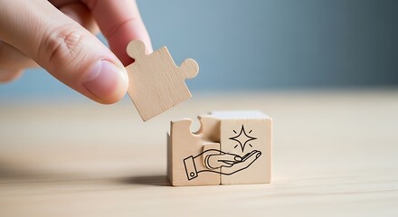 Hand placing last puzzle piece to complete a solution