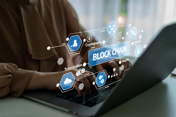 A close-up view of hands typing on a laptop showcasing blockchain technology concepts like security, cryptography, and tokenization, emphasizing digital innovation. Tessel
