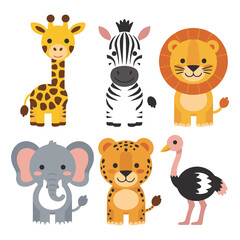 Naklejka premium Cute cartoon safari animals collection including giraffe lion zebra elephant cheetah and ostrich