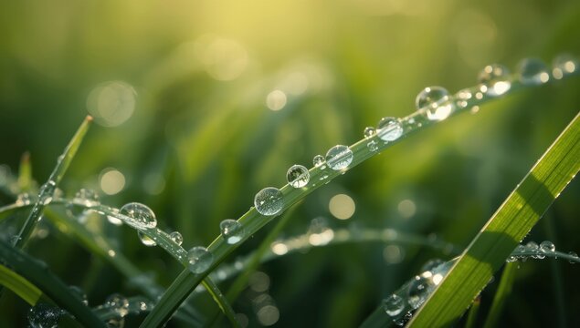 Closeup of green grass blade with water droplets glistening in the morning sunlight