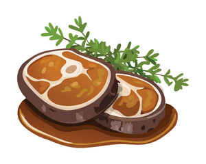 Thick Slice of Seared Beef Steak Seasoned with Fresh Rosemary and Pepper, Garnished with Greens Ready to Enjoy - Vector Illustration