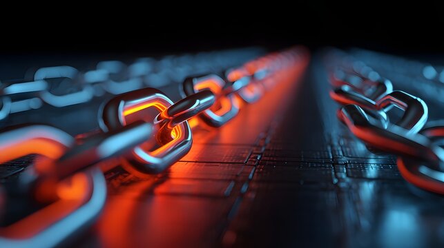 Illuminated metallic chain links extend into a dark, technologically advanced distance
