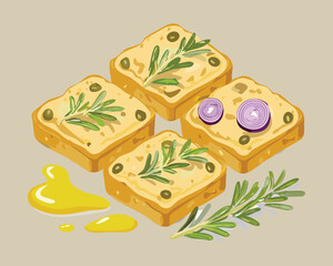 Illustration of four cheesy savory squares, possibly focaccia or bruschetta, garnished with thin purple onion slices and fresh green herbs for a starter - Vector Illustration